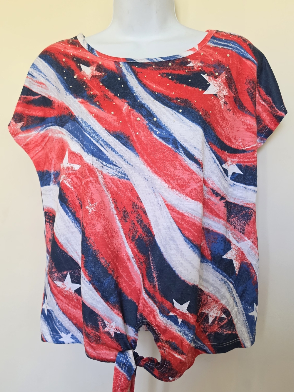 Women’s Red White and Blue Stars Tie-Front Top Size Ps